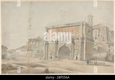 Blick auf das Forum Romanum mit dem Bogen des Severus im Vordergrund. Die Ansicht ist von der Via Sacra, die Richtung Kapitol Hügel, mit dem Bogen des Septimius Severus im rechten Vordergrund und hinter ihm, links, die Spalten des Tempels des Saturn. Perspektivische Linien auf der linken Seite führen in Richtung des Arch. Stockfoto