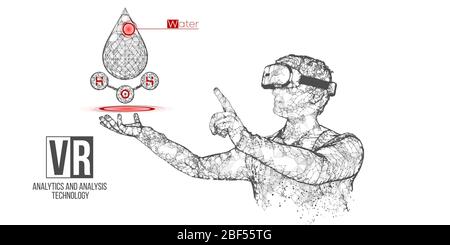 VR Wireframe Headset Vektor Banner. Polygonaler Mann trägt Virtual Reality Brille, mit holographischem Wasser. Wissenschaft, Diagnostik, virtuelle Analytik Stock Vektor