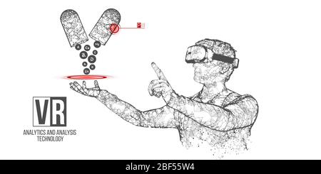 VR Wireframe Headset Vektor Banner. Polygonaler Mann trägt Virtual-Reality-Brille, mit holographischen Pillen. Wissenschaft, Diagnostik, virtuelle Analytik Stock Vektor