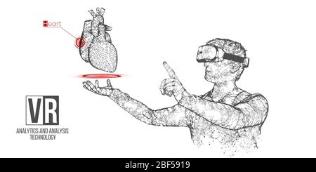 VR Wireframe Headset Vektor Banner. Polygonaler Mann trägt Virtual-Reality-Brille, mit Holographik des Herzens. Wissenschaft, Diagnostik, virtuelle Analytik Stock Vektor