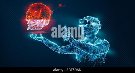 VR Wireframe Headset Vektor Banner. Polygonaler Mann trägt Virtual-Reality-Brille, mit Hologramm des Schädels. Wissenschaft, Diagnostik, virtuelle Analytik Stock Vektor