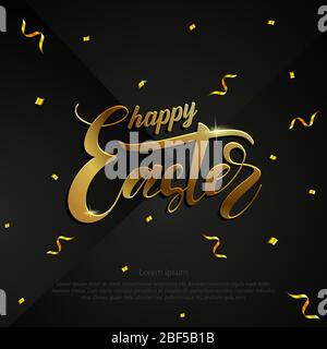 Frohe Ostern Grußkarte mit goldenem Schriftzug und Konfetti auf schwarzem Hintergrund. Stock Vektor