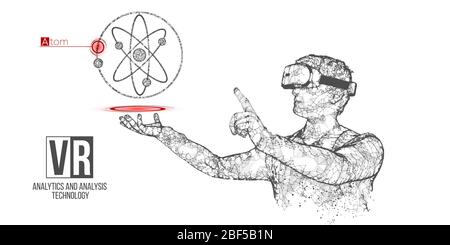 VR Wireframe Headset Vektor Banner. Polygonaler Mann trägt Virtual-Reality-Brille, mit holographischen Atom. Wissenschaft, Diagnostik, virtuelle Analytik Stock Vektor
