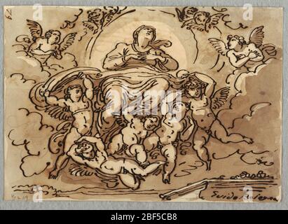 Die Verkündigung der Jungfrau nach Guido Reni. Auf der Rückseite: Jungfrau mit Engeln und einem sibyl und St. Johannes der Täufer aufsteigen Stockfoto