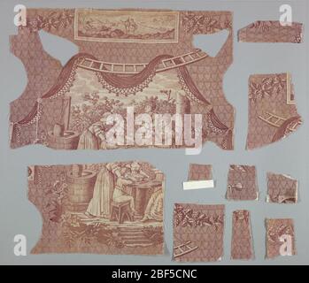 Fragment. Fragment von zwei Stücken zeigt Frauen und Kinder an einem Tisch sitzen. Oben ist eine rechteckige Tafel mit einer Hafenszene eines Mannes, der ein kleines Boot rudert, mit einer Schachtel mit den Initialen 'D M'. Ein Paar steht zusammen im Gespräch am Ufer. Stockfoto