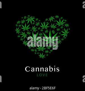 Herz-Symbol aus grünen Blättern von Marihuana auf schwarzem Hintergrund. Vektor Stock Vektor