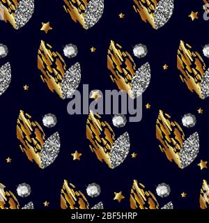 Nahtloses Muster mit Gold- und Silberblättern, Edelsteinen auf dunkelblauem Hintergrund. Vektor Stock Vektor