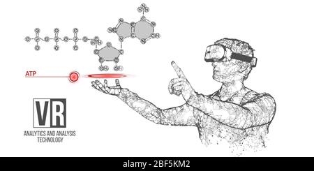 VR Wireframe Headset Vektor Banner. Polygonaler Mann trägt Virtual-Reality-Brille, mit holographischer ATP-Säure. Wissenschaftliche Diagnostik virtuelle Analysen Stock Vektor