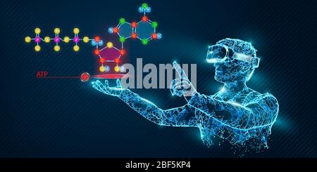 VR Wireframe Headset Vektor Banner. Polygonaler Mann trägt Virtual-Reality-Brille, mit holographischer ATP-Säure. Wissenschaftliche Diagnostik virtuelle Analysen Stock Vektor