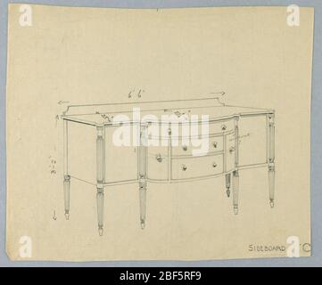 Design für Sideboard C mit sechs Beinen und fünf Schubladen. Rechteckiges Sideboard auf sechs geradlinigen, sich verjüngenden Beinen; dreiteilige Front hat einen konvexen Mittelteil mit fünf Schubladen - zwei horizontale Schubladen flankiert von einer einzigen vertikalen Schublade auf jeder Seite und gekrönt von einer horizontalen Schublade mit einem Paar von runden Stockfoto