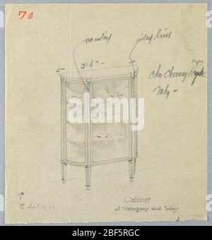 Design für China Kabinett aus Mahagoni und Inlay September 13 1906. Demi-lune-förmigen Glasschrank mit abgeflachten Mitte vorne; Formteil entlang der oberen Kante; 3 Regale mit china Stücke; angehoben auf 4 kurze verjüngende Beine. Stockfoto