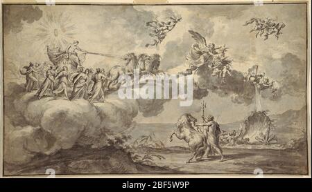 Tapisserie Design Apollo in seinem Chariot von Aurora geführt. Das Design basiert auf Guido Renis 'Aurora', Palazzo Rospigliosi, Rom. Die Wolken steigen aus dem Meer auf und tragen Apollo in seinem Wagen. Er wird von den Stunden begleitet; der Gruppe geht Aurora und zwei Genii mit einem Glas und Blumen voraus. Stockfoto