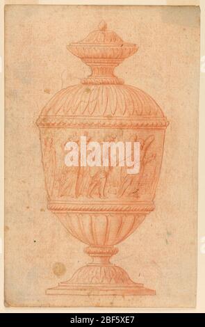 Urn mit der Repräsentation der Erlösung von Loth. Urne mit Fries, die einen Engel darstellt, der die Hand von Loth hält und ihn führt. Gefolgt von zwei Frauen, die eine Flasche auf dem Kopf tragen. Stockfoto