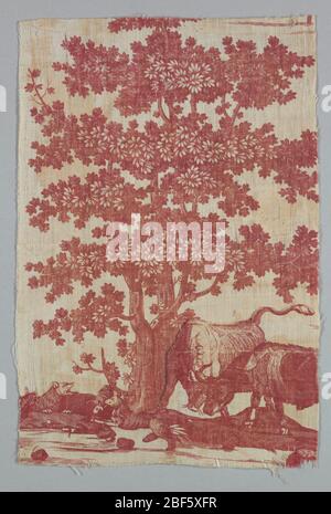 Fragment. Fragment zeigt einen großen Baum mit zwei grasenden Kühen darunter. Links zwei bellende Hunde. In rot auf weißem Grund. Stockfoto