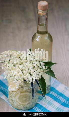 Hausgemachtes Holunderblüten-Sirup mit Zitrone im Glas Stockfoto