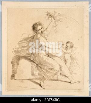 Flora mit einem Jungen. Flora sitzend, Mitte, nach rechts gerichtet, reicht ihr ein Putti einen Strauß, während sie einen anderen in ihre linke Hand winkt. Blumen und Blätter in ihrem Haar. Stockfoto