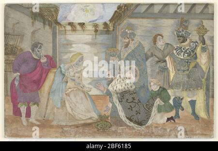 Die Anbetung der Könige. Figurenszene; in einem teilweise überdachtem Stall ist die Szene aus der Geburt der drei Könige, die dem Christkind, gehalten von der Jungfrau Maria auf der linken Seite, eine Hommage erweist. Figur von Joseph hinter ihr. Stockfoto