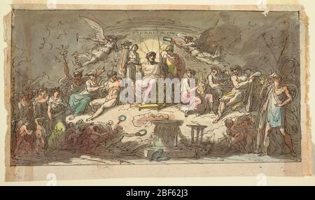 Olympus. Jupiter auf dem Thron in der Mitte Mitteldistanz vor dem Tempel mit der Inschrift: Eternita. Jupiter flankiert von Frau mit Füllhorn, Mars, neben dem Genii über Wolken fliegen. Links sitzen: Neptun, Athena, Merkur; rechts: Apollo, Aesculapius, Hercules. Stockfoto