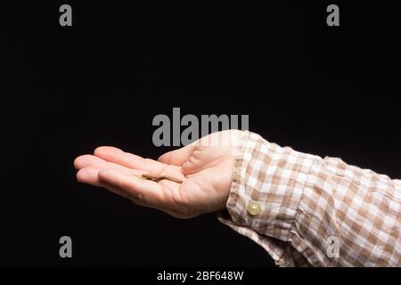 Almosen in der Hand eines weißen Erwachsenen, Bettler um Geld bitten. Münzen in der Hand eines Erwachsenen, um kleine Einkäufe in Nachbarschaftsläden zu tätigen. Pennies in h Stockfoto