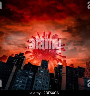 Covid-19 Quarantänesperrkonzept / 3D-Illustration einer großen Coronavirus-Zelle, die über der modernen Skyline der Stadt vor dem bedrohlichen roten Himmel aufsteigt Stockfoto