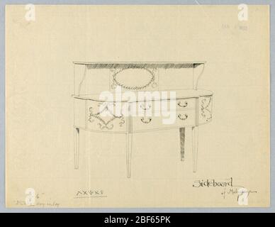 Design für Mahagoni Sideboard mit neoklassischen Motiven. Sideboard mit vier gerade verjüngenden Beinen (die beiden vorne mit geriffelten Platten) und halbrunder Front - flach im Mittelteil - mit zwei horizontalen Schubladen mit C-förmigen Griffen; neoklassizistische Motive an abgerundeten vorderen Ecken und mittig hinten; oberes Regal heben Stockfoto