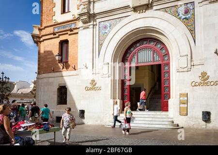 Postamt in Plaza de las Flores, Cadiz, Provinz Cadiz, Costa de la Luz, Andalusien, Spanien. Stockfoto