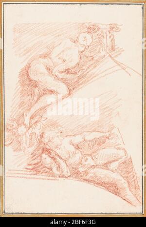 Figuren aus der Sixtinischen Kapelle. Zwei Figuren von der Decke der Sixtinischen Kapelle, gemalt von Michelangelo. Die obere Figur befindet sich direkt über und links vom Spandrel, der zwischen Ezekial und dem persischen Sibyl sitzt. Stockfoto