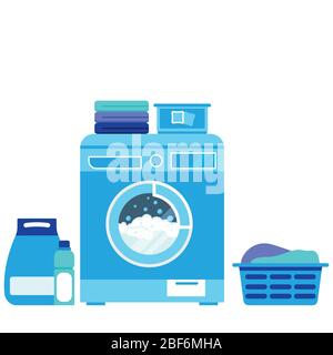 Waschmaschine während der Wäsche, Pulver, Flüssigkeit, Kapsel Pulver, Korb mit schmutziger Bettwäsche, Stapel von sauberer Bettwäsche, Conditioner, Bleichmittel auf weiß isoliert Stock Vektor