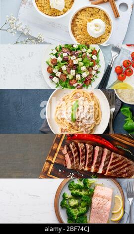 Collage aus Essen. Fünf-Gänge-Menü. Fisch, Fleisch, Pasta, Salat, Dessert. Vertikal Stockfoto
