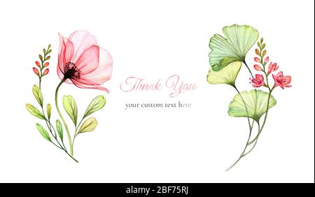 Aquarell Blumenkarte. Abstrakte Mohn-Blume mit Ginkgo-Blättern in Bogenform. Danke Karte Vorlage mit benutzerdefiniertem Text. Botanische Illustration für Stockfoto