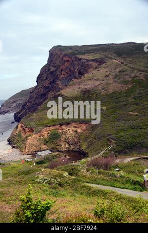Blick hinunter auf die Straße in Millook Haven zu den Klippen von Bridwill Point auf dem South West Coast Path, North Cornwall, England, Großbritannien. Stockfoto