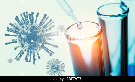 Nahaufnahme Pipettieren Sie die blaue Löseprobe im Labor in das Reagenzglas mit Coronavirus-Untersuchungen. Wissenschaft Forschung und Nanotechnologie Biolo Stockfoto