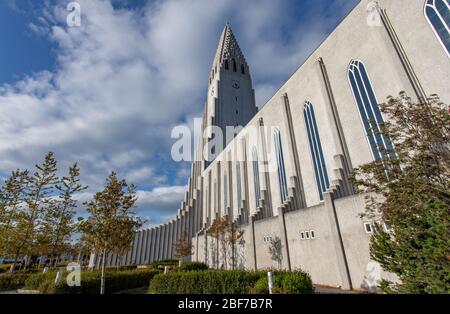 Der Turm und der Körper von Hallgrímskirkja in Reykjavík, beleuchtet von Sonnenlicht, mit grünen Bäumen im Vordergrund und einem teilweise bewölkten blauen Himmel Stockfoto
