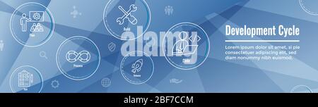 Entwicklungsvorgänge und Lebenszyklus - DevOps Symbol mit Prozess, Build usw. Stock Vektor