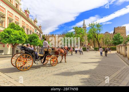 Sevilla, Andalusien, Spanien - 18. April 2016: Touristen machen eine Kutschenfahrt auf dem Triumphplatz oder der Plaza del Triunfo neben dem Archiv der Stockfoto