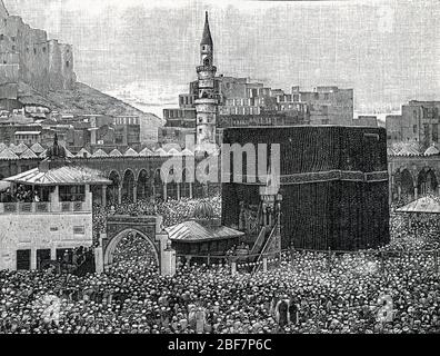 Vue des elerins a la Mecque et de la Kaaba (Ka'aba ou Ka'BA) batiment cubique situe au Centre de la Grande Mosquee (muslimische Pilger besuchen die Hadsch ar Stockfoto