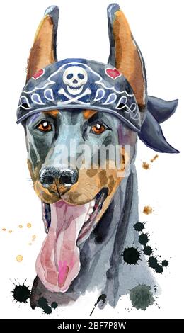 Aquarell Porträt Doberman trägt Biker Bandana mit einem Totenkopf Stockfoto