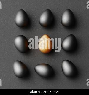 Schwarze und goldene Eier auf schlichtem schwarzen Papierhintergrund. Kreative minimalistische abstrakten Ostern Konzept. 3d-Rendering Stockfoto