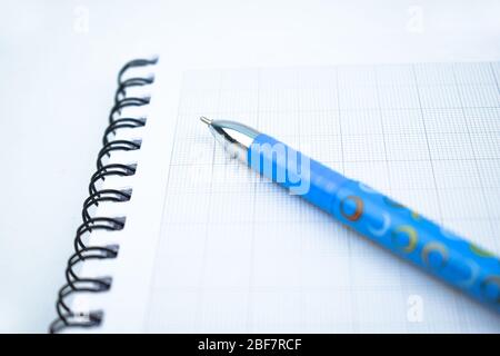 Ein hellblauer Stift, der auf einem sehr einfachen, offenen weißen Papiertagebuch platziert ist Stockfoto