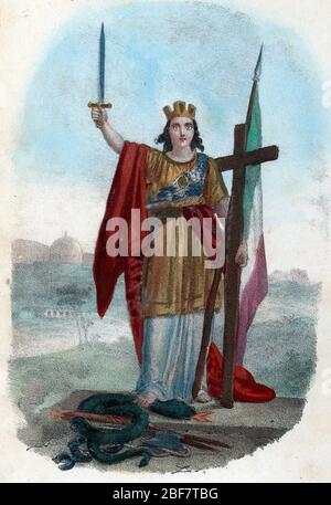 Risorgimento : Darstellung allegorique de l'Italie triomphant du Serpent de l'eglise corrompue et levant l'epee, la croix et le drapeau Symbole du Stockfoto