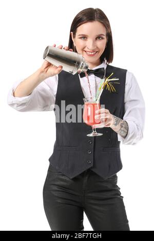 Schöne weibliche Barkeeper auf weißem Hintergrund Stockfoto