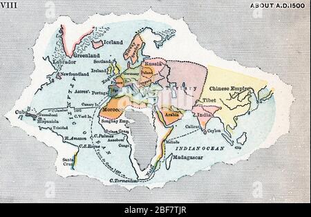 Carte geographique du monde tel qu'il etait connu en 1500 (Karte der Welt, wie es im Jahr 1500 bekannt war) Gravure tiree de 'Geschichte der Welt' de Ridpat Stockfoto