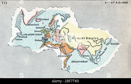 Carte geographique du monde tel qu'il etait connu en 1300 (Karte der Welt, wie es im Jahr 1300 bekannt war) Gravure tiree de 'Geschichte der Welt' de Ridpat Stockfoto