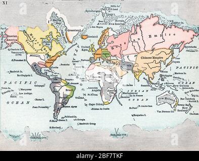 Carte geographique du monde tel qu'il etait connu en 1800 (Karte der Welt in 1800) Gravure tiree de 'Geschichte der Welt' de Ridpath 1885 Collectio Stockfoto