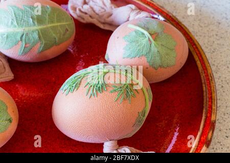 Traditionelle Art der ostereifärbung. Kleine Pflanzenblätter auf Eier mit Strumpf auf rotem Teller gepresst. Sopron, Ungarn. Schritt 1 von 3. Stockfoto