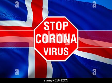 STOPPEN Sie Coronavirus und Keine Infektion in Island Konzept. Iceland Covid-19 Coronavirus Konzept Design. 3D-Rendering Weltgesundheitsorganisation WHO Einführung Stockfoto