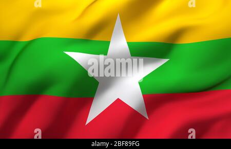 Flagge von Myanmar weht im Wind. Ganze Seite Myanma Flugflagge. 3D-Darstellung. Stockfoto