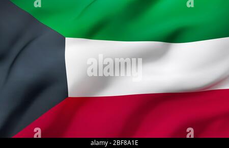 Flagge von Kuwait weht im Wind. Ganzseitige kuwaitische Flagge. 3D-Darstellung. Stockfoto