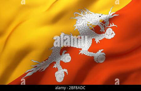 Flagge von Bhutan weht im Wind. Ganze Seite bhutanische Flugflagge. 3D-Darstellung. Stockfoto