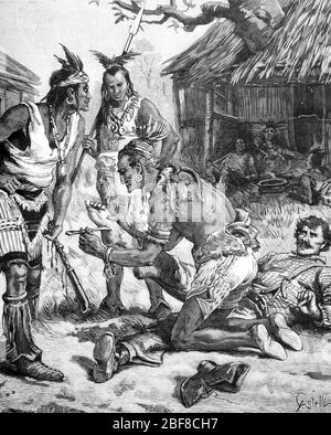 Indianische oder indische Zauberer Behandlung von White Siedler durch Schneiden Fuß oder Blutvergießen Vereinigte Staaten von Amerika. Vintage oder Old Illustration oder Gravur 1888 Stockfoto